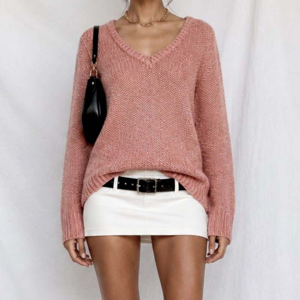Vintage Y2K 90s Pink Sequin V-Neck Pullover Knit Oversized Sweater Top Size S